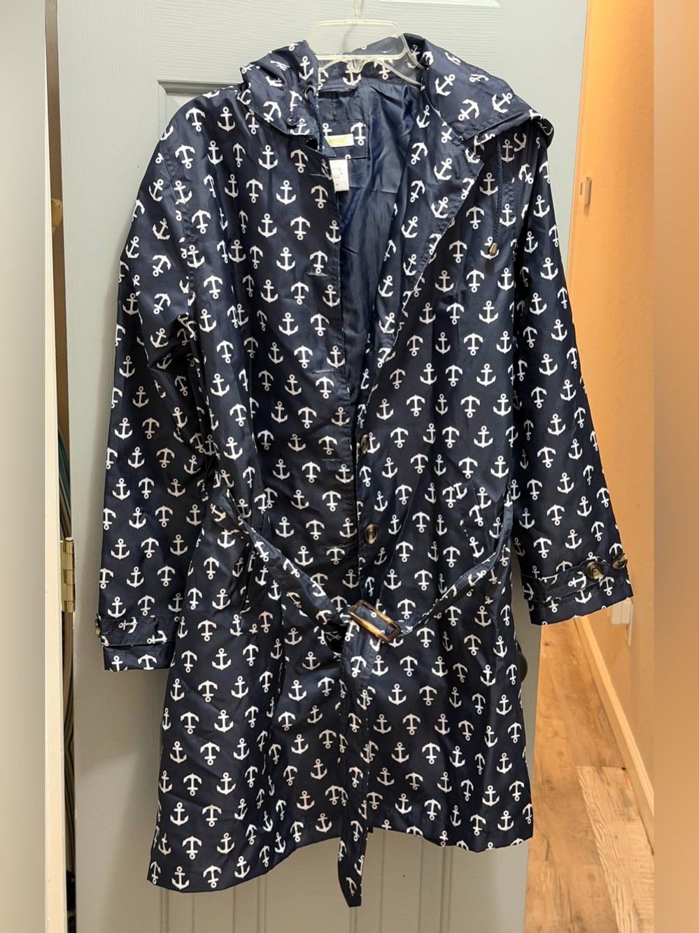 Capelli New York Women’s Removable Hooded Rain Coat Navy Anchor Print Medium